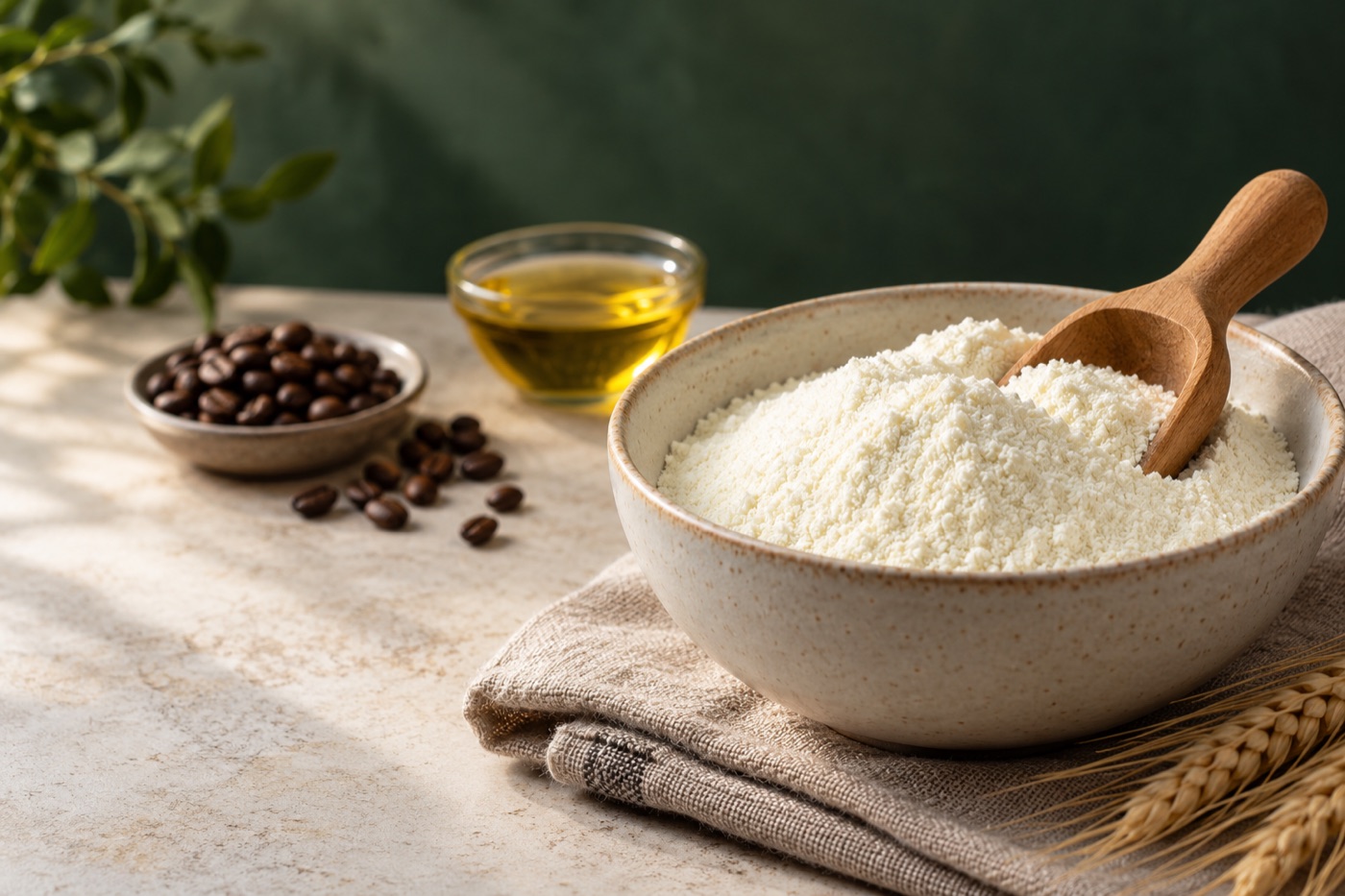 Milk powder in a ceramic bowl with a wooden scoop, palm olein and coffee beans
